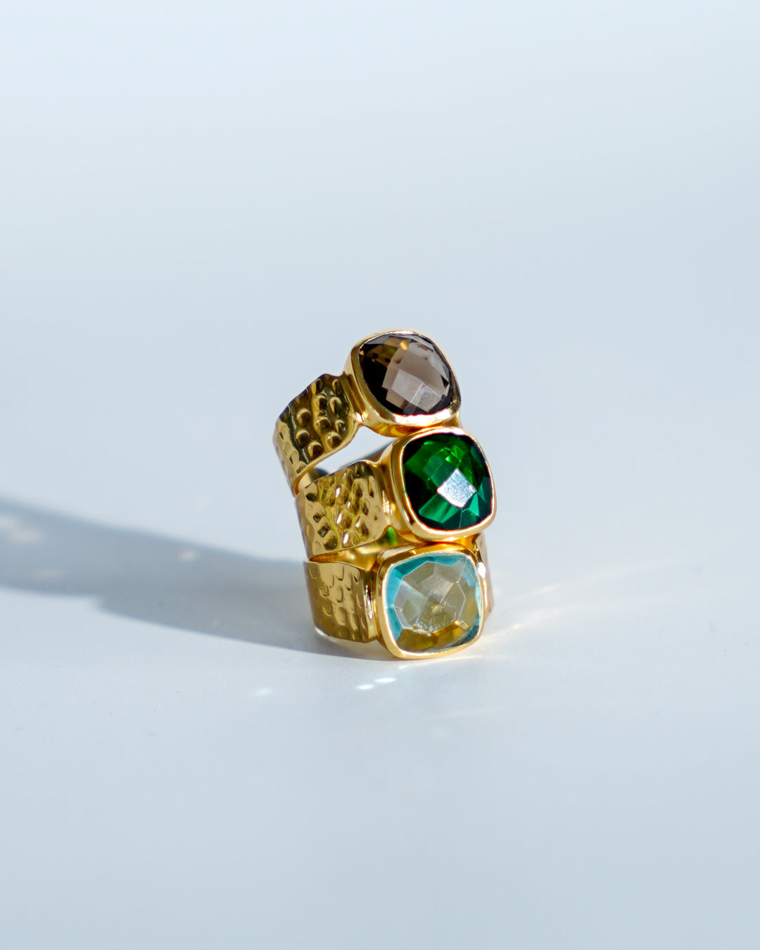 Emerald green quartz free size hammered finish ring