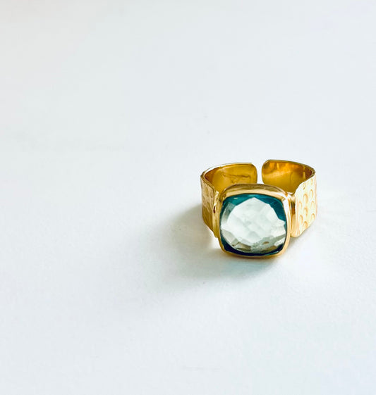 Pale blue quartz hammered finish ring