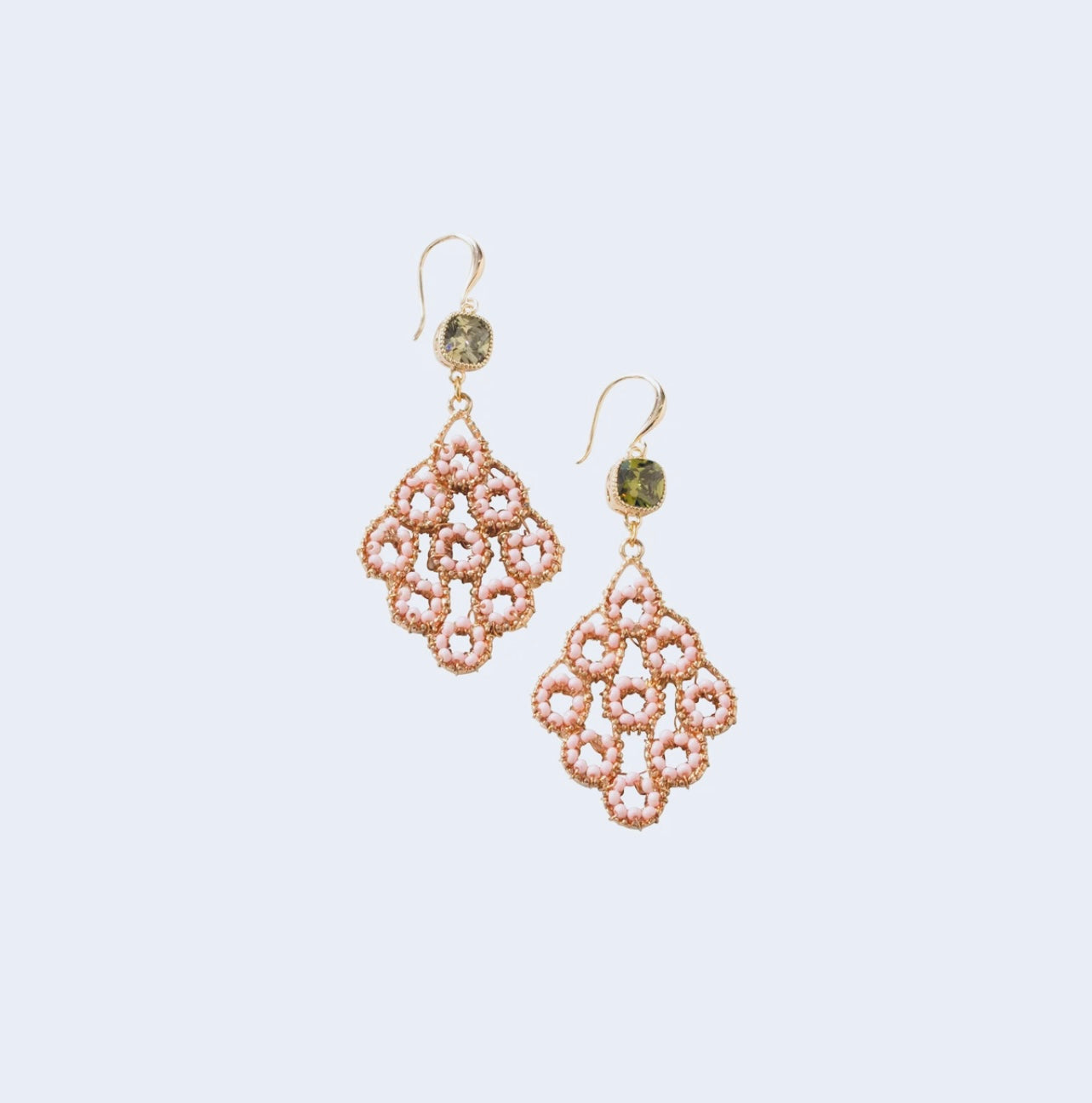 Beaded coral diamond shaped earrings