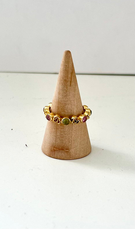 Adjustable gold e-coated sterling silver ring with multicoloured tourmaline stones and rose detailing – view 2