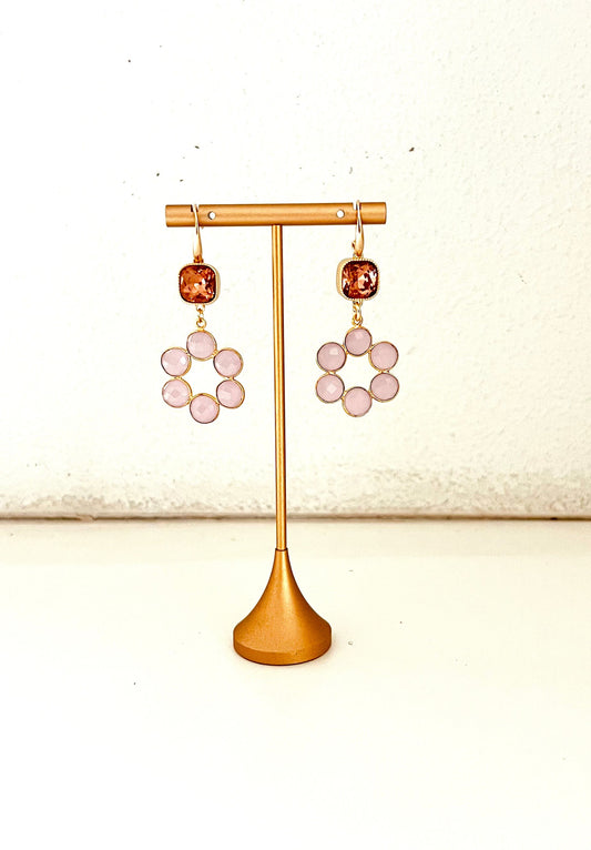 Rose quartz circular earrings with peach cubic zirconia square details – view 2