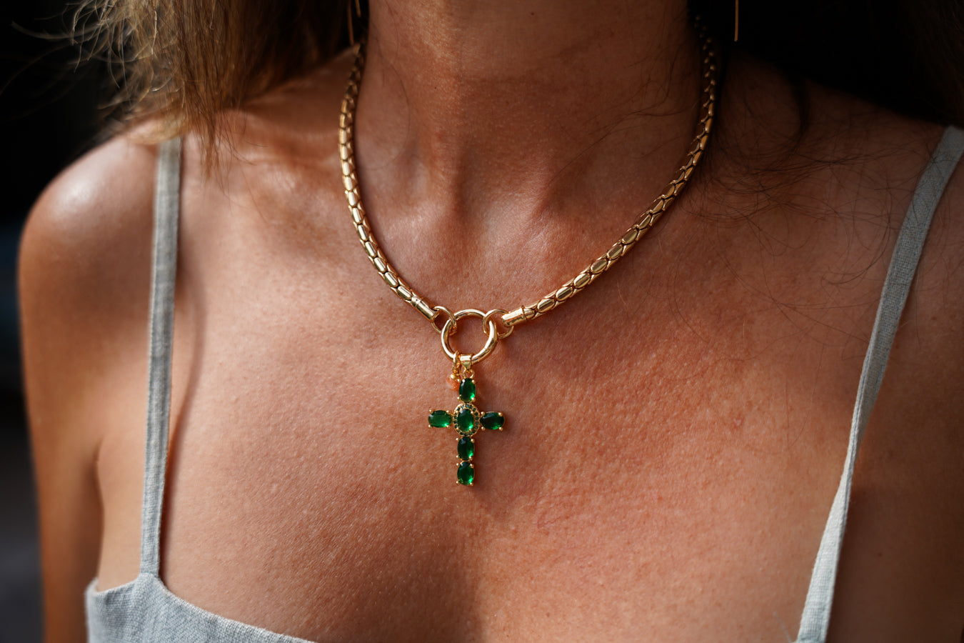 Emerald CZ cross snake chain