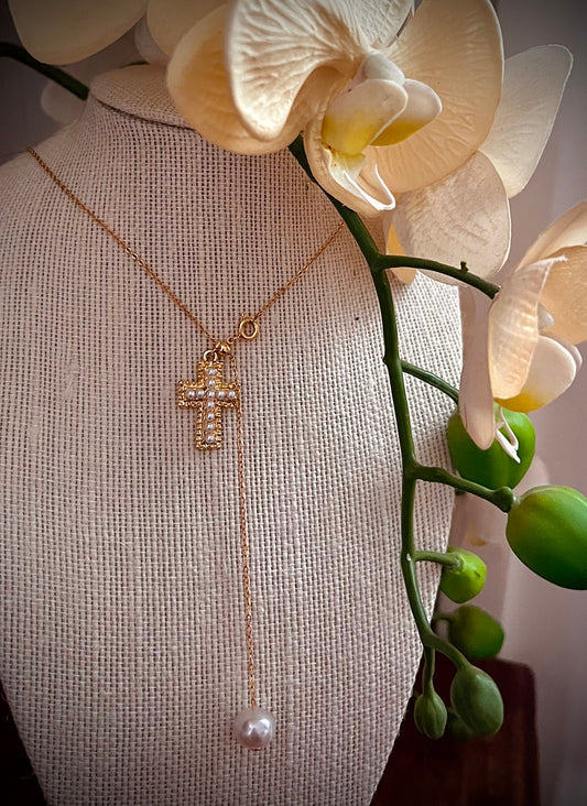 Pearl cross adjustable necklace