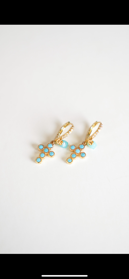 Turquoise cross double huggie