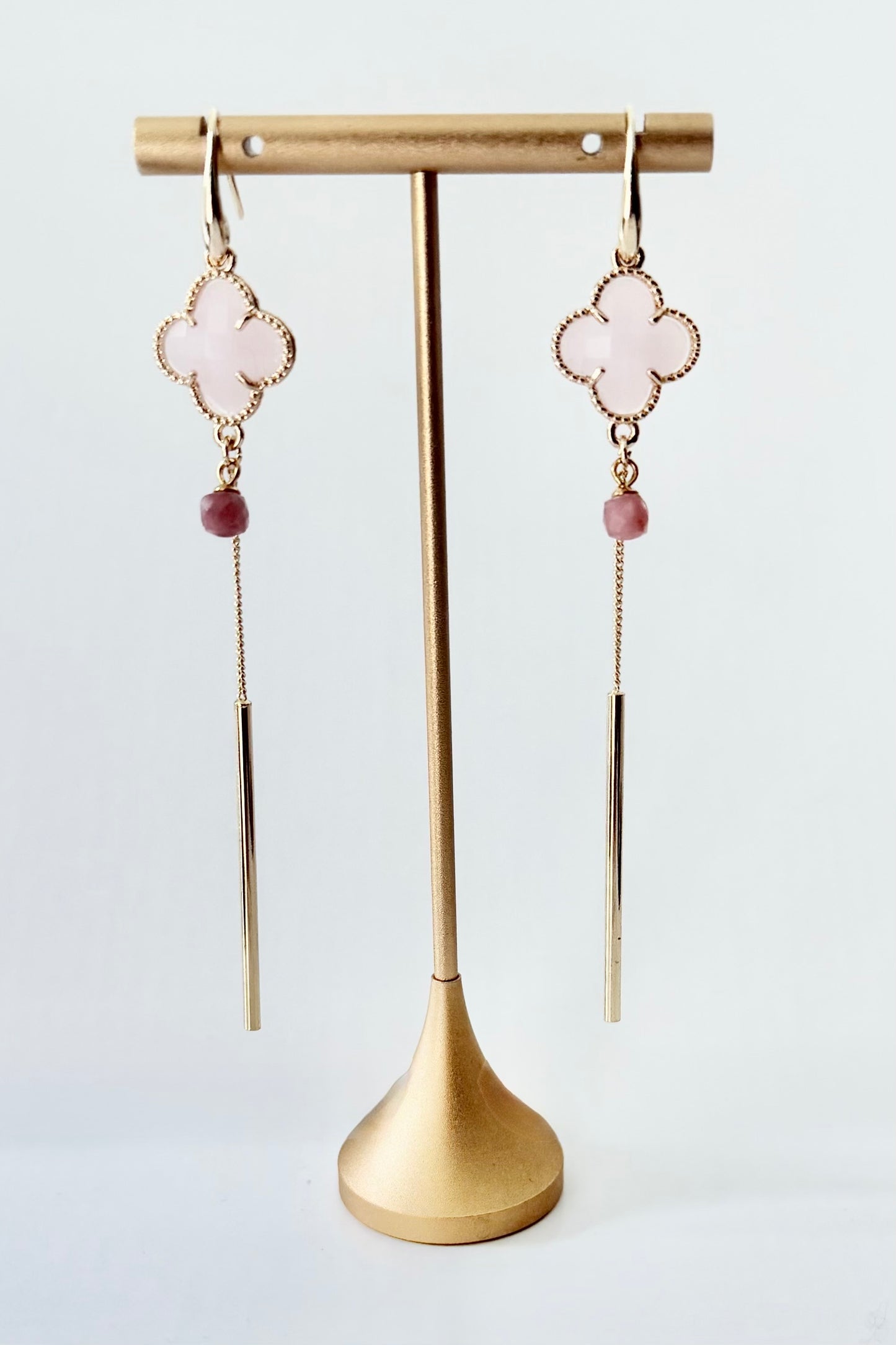 Rose Quartz Clover with Bar Earrings
