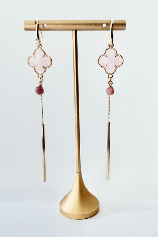 Rose Quartz Clover with Bar Earrings