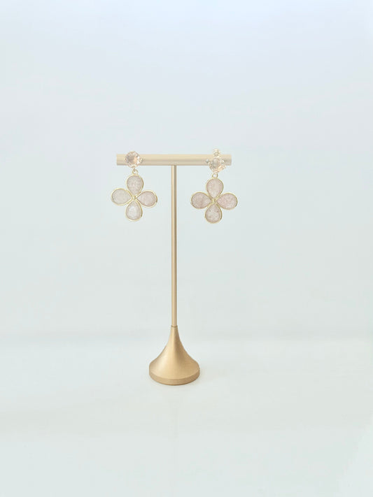 Rose quartz flower drop earrings with a champagne cubic zirconia post and 25mm flower