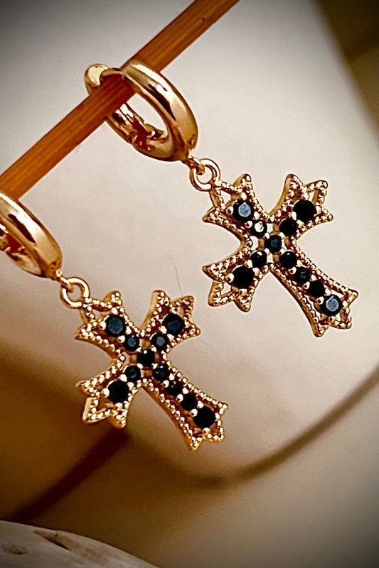 Gold-plated huggies with a dangling 18K gold-filled micropavé cross set with black CZ stones