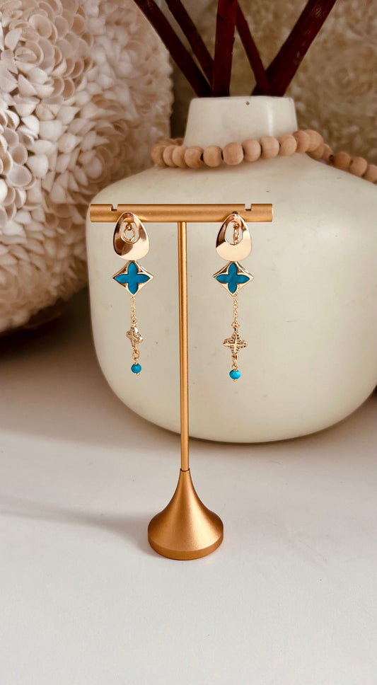 Gold-plated teardrop post earrings with blue clover charms, cubic zirconia chain accents and turquoise beads