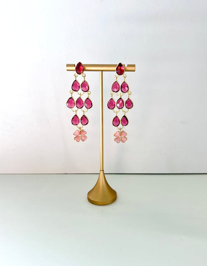 Chandelier earrings with cascading faceted pink tourmaline stones and a soft blush resin flower feature – view 2