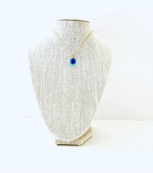Swiss blue quartz bezel-cut teardrop necklace on a gold-plated chain