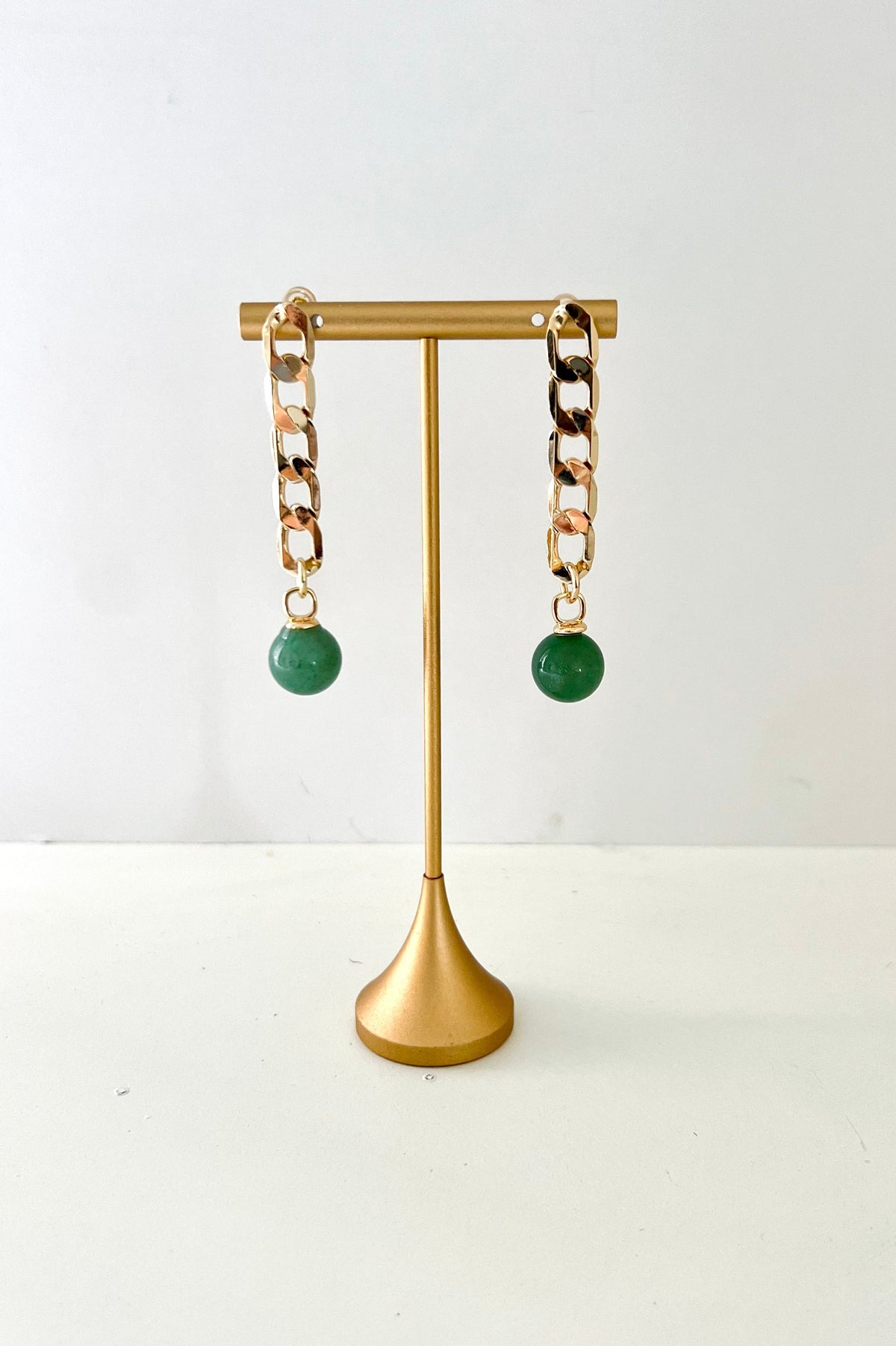 Green aventurine ball drop earrings with 18K gold-plated curb chain