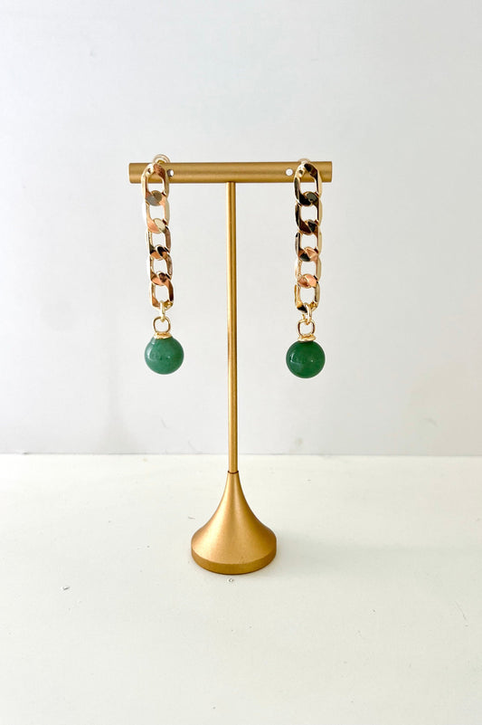 Green aventurine ball drop earrings with 18K gold-plated curb chain