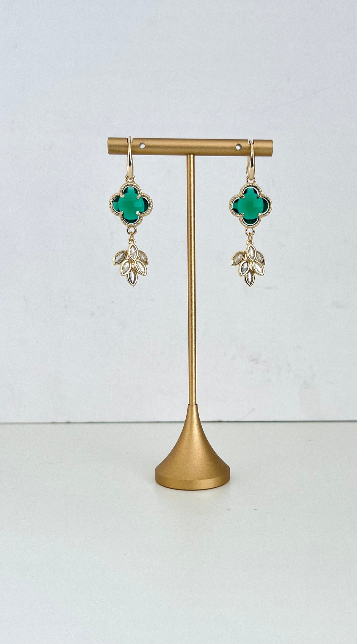 Emerald cubic zirconia clover earrings with 18K gold-plated leaf cluster drops
