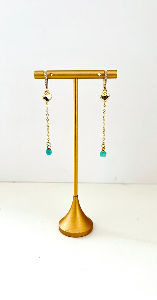 Gold-plated heart and chain huggie earrings with cubic zirconia and a blue gem bead