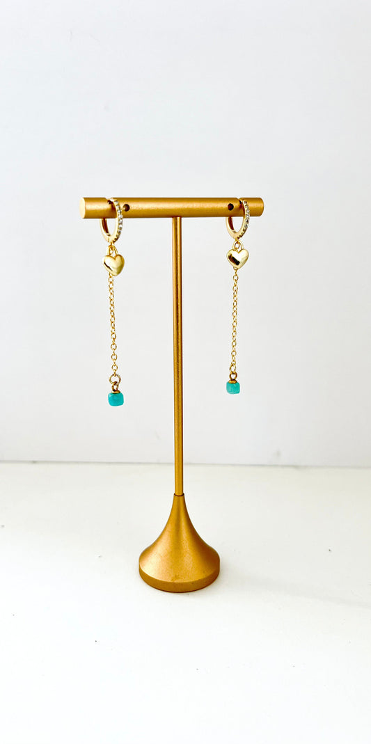 Gold-plated heart and chain huggie earrings with cubic zirconia and a blue gem bead – view 2