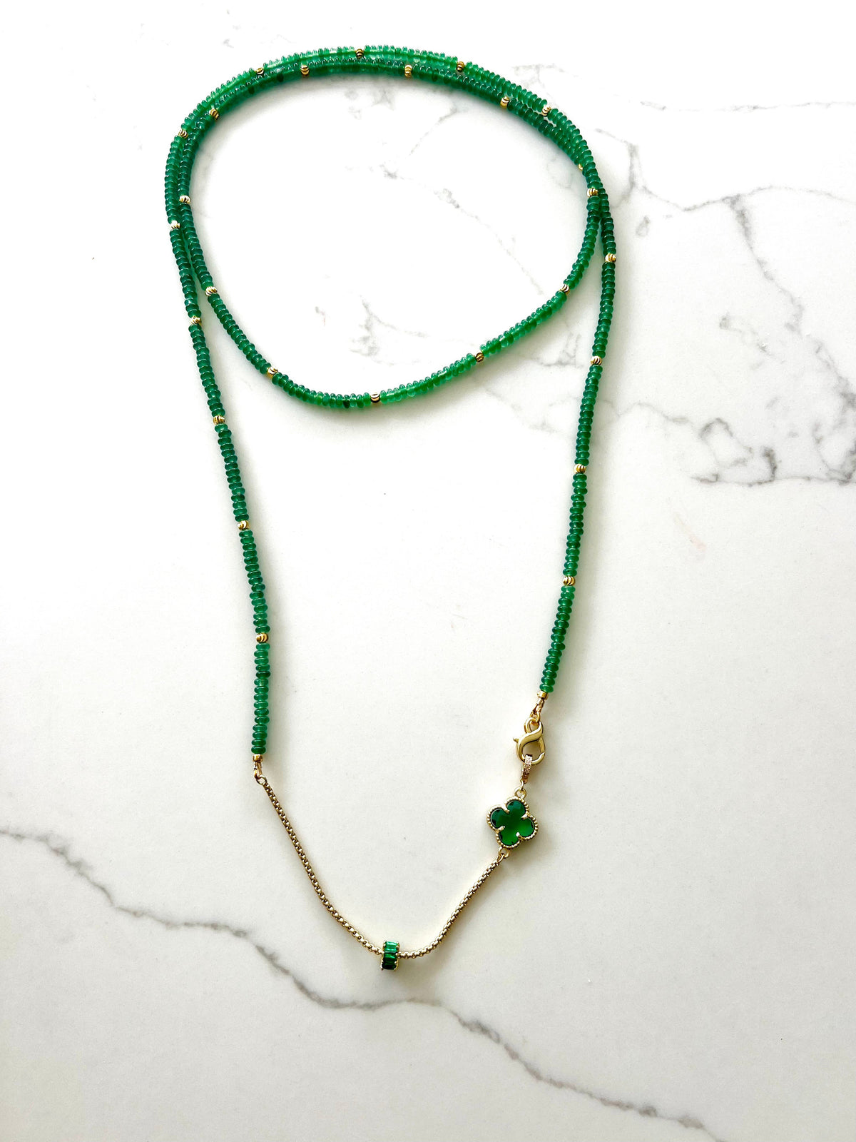 Long green aventurine beaded necklace with 18K gold-plated chain detail and green amethyst clover – view 3