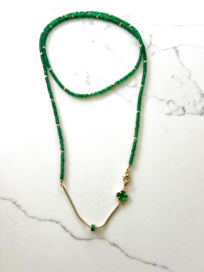 Long green aventurine beaded necklace with 18K gold-plated chain detail and green amethyst clover – view 3