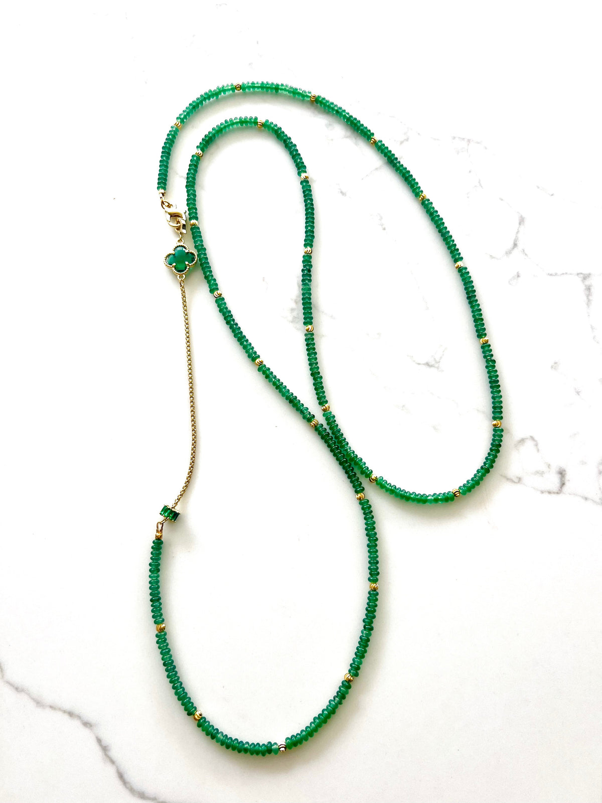 Long green aventurine beaded necklace with 18K gold-plated chain detail and green amethyst clover – view 5