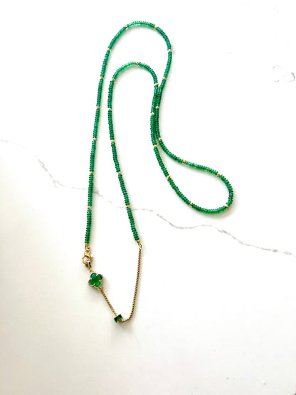 Long green aventurine beaded necklace with 18K gold-plated chain detail and green amethyst clover – view 6