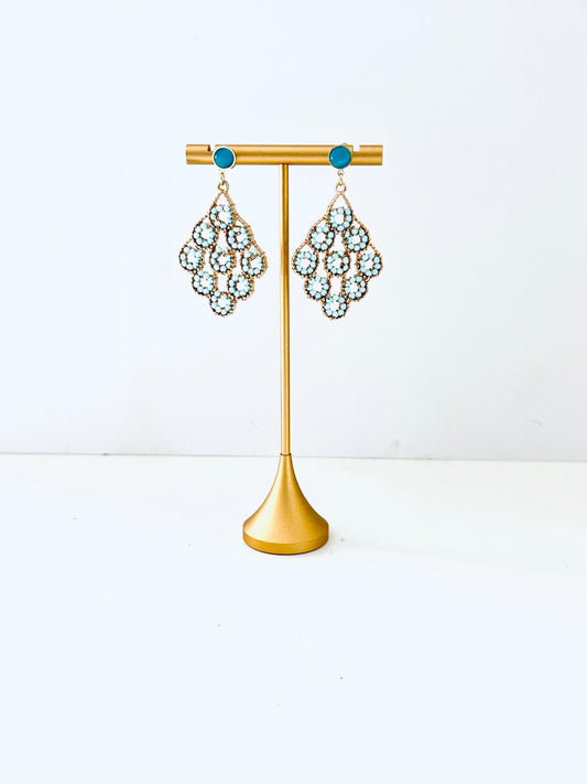 Pale blue beaded drop earrings with a smooth blue resin post