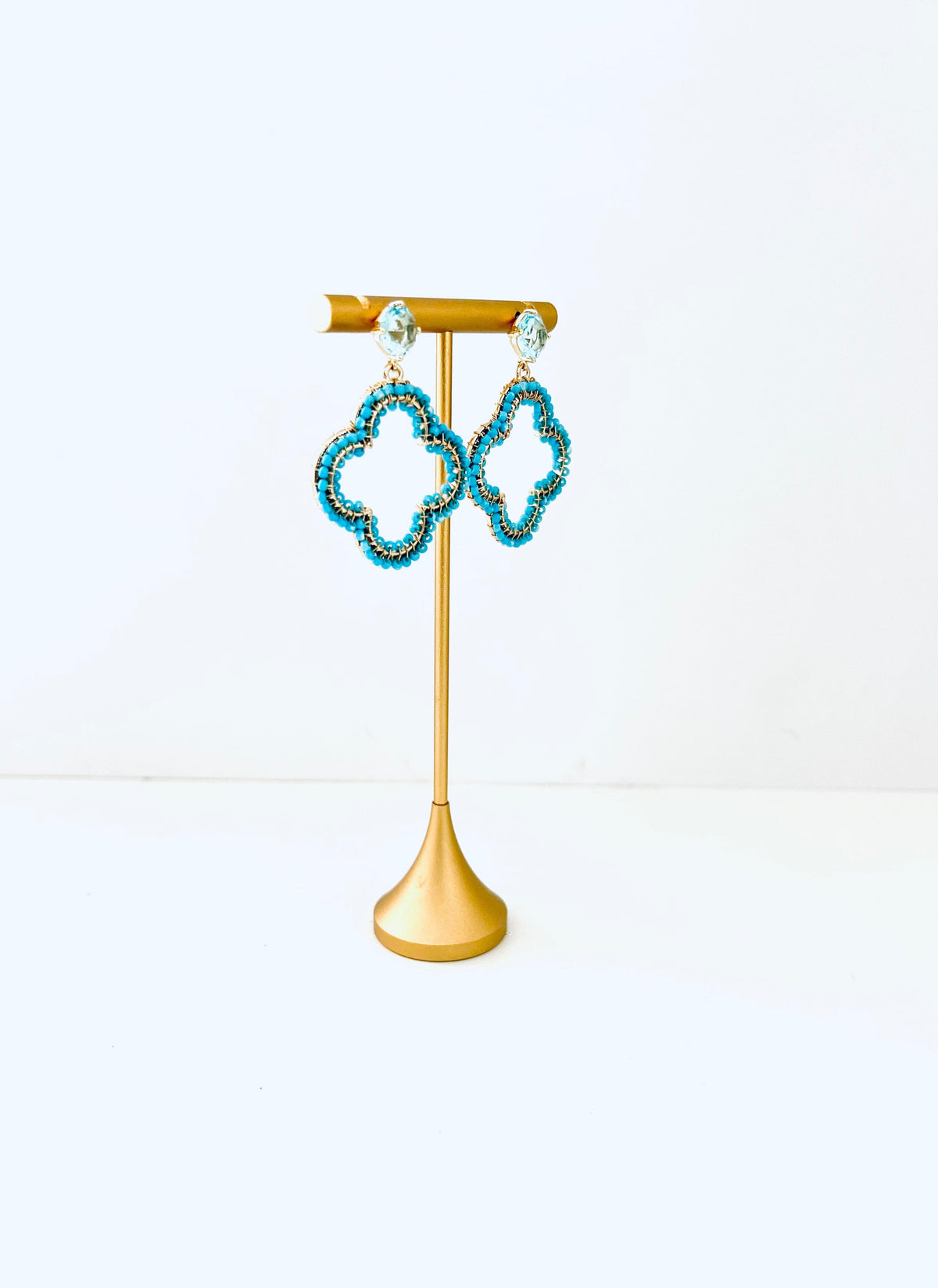 Turquoise beaded clover drop earrings with a pale blue cubic zirconia post – view 2