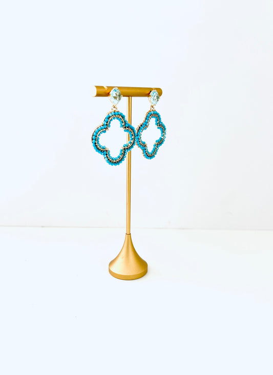 Turquoise beaded clover drop earrings with a pale blue cubic zirconia post – view 2